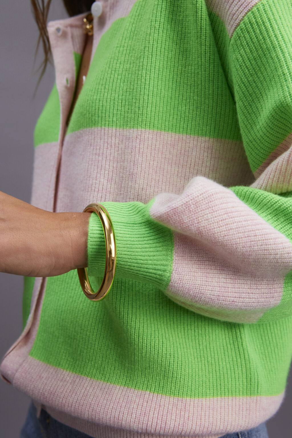 Pale Pink and Neon Green Stripe Cashmere Cardigan - Image 4