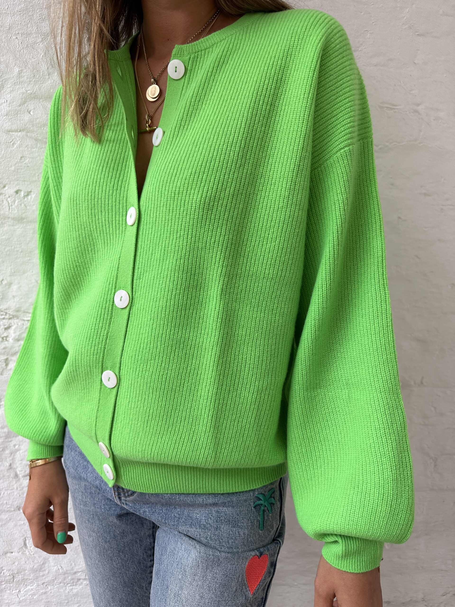 Neon Green Round Neck Cardigan | Gussy and Lou