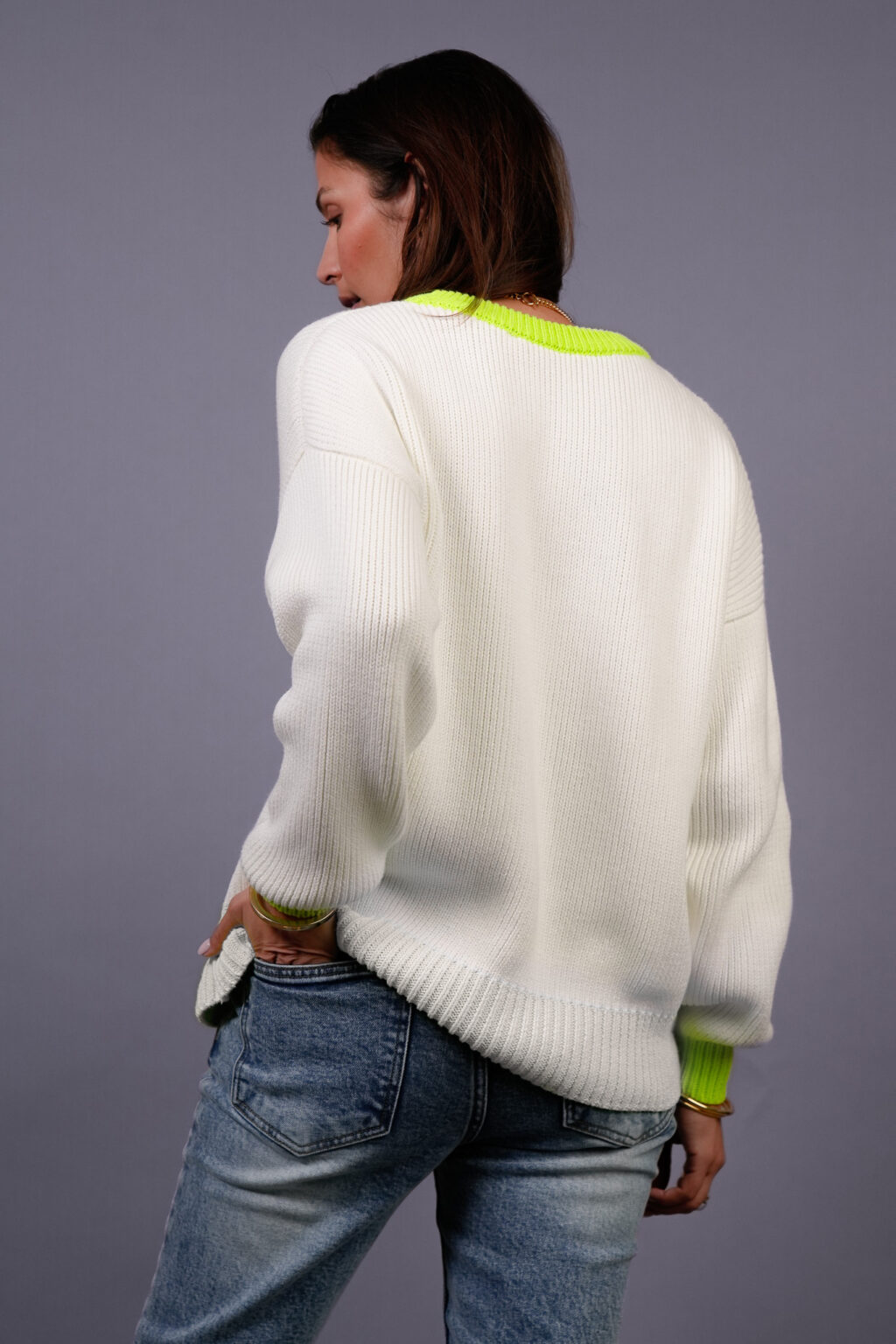 Cream and Neon Yellow Cotton Crew - Image 2