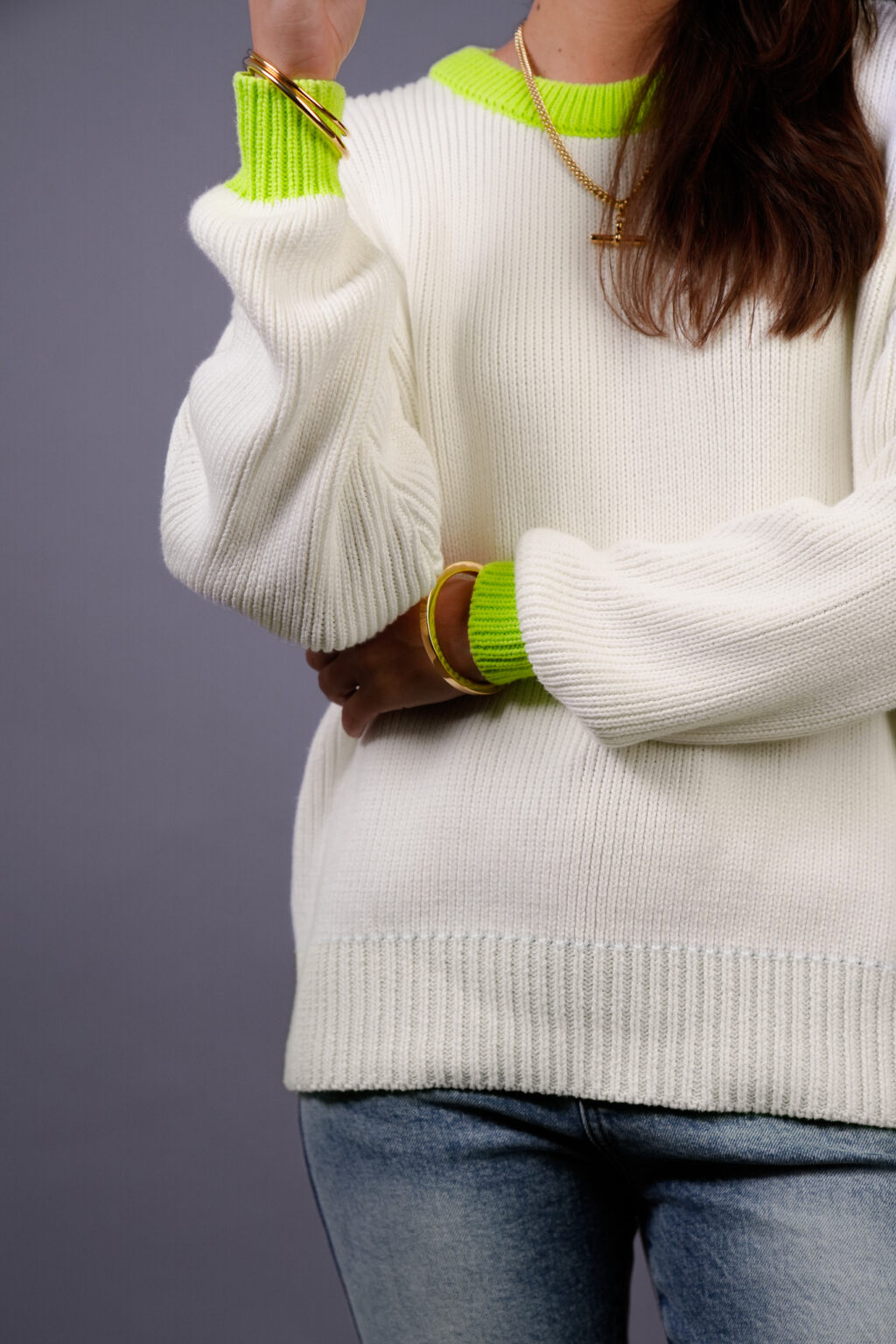 Cream and Neon Yellow Cotton Crew